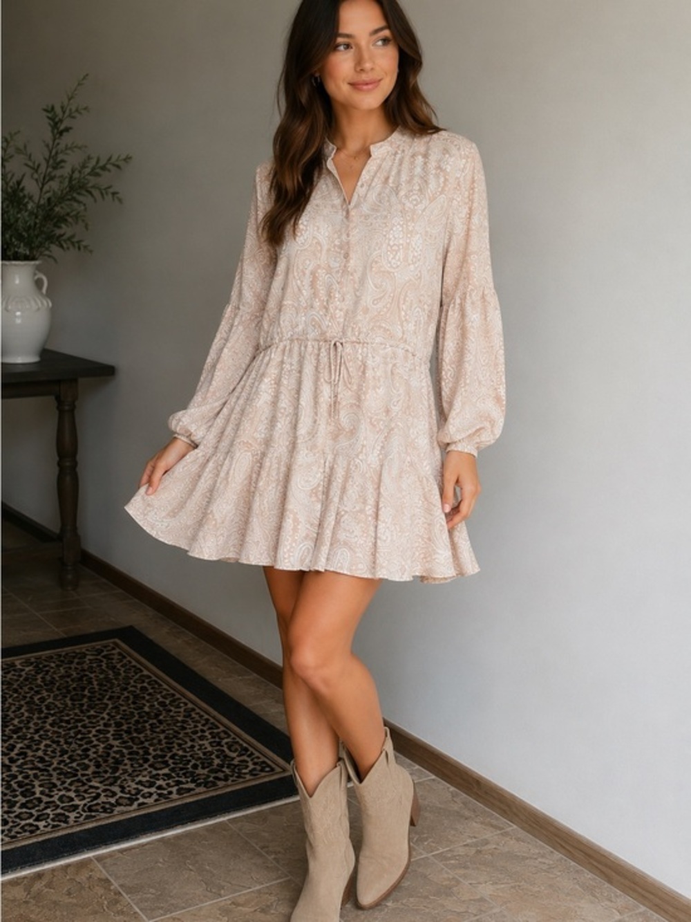 Thread Essential Paisley taupe long sleeve dress
